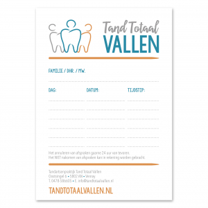 Logo huisstijl afsprakenkaart Tandarts praktijk Tand Totaal Vallen_ Blitz Ontwerpt